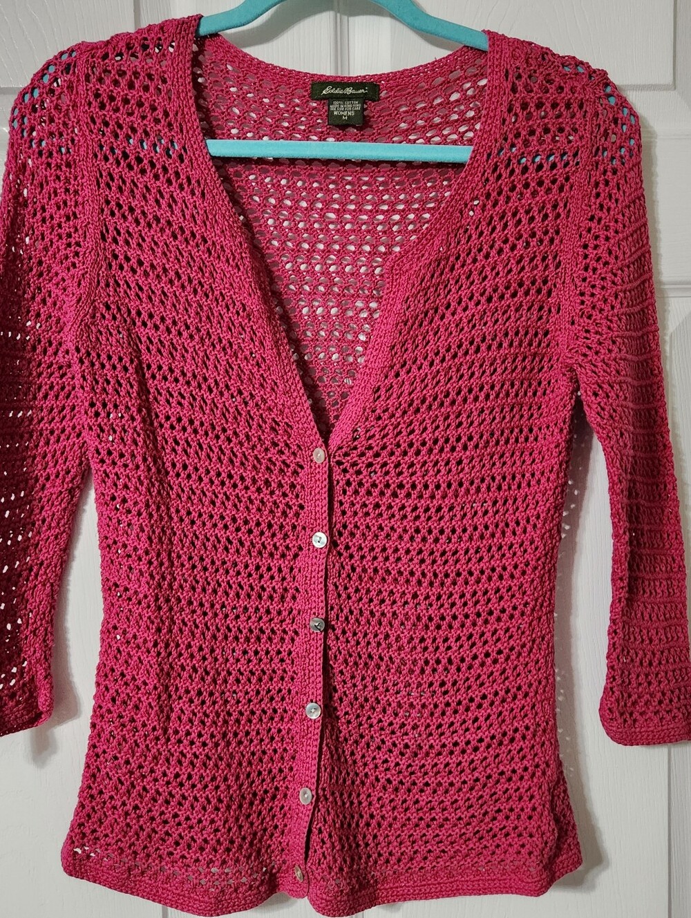 Eddie Bauer Fuchsia Open-Knit Crocheted Button Front Cardigan, Size M - Picture 1 of 5